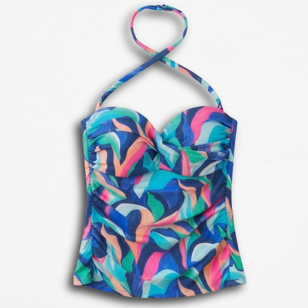 La Blanca Womens Abstract Leaf Print Halter‎ Tankini Top Blue Pink Small
